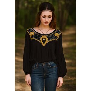 Free People Black Embroidered Begonia 3/4 Sleeve Tee Top FLowy Boho Peasant